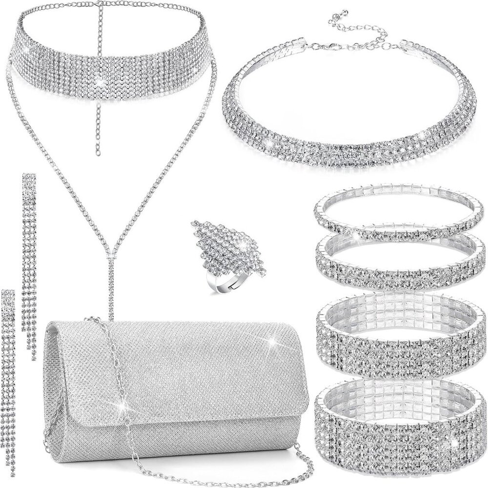 Rhinestone Jewelry Set for Women Wedding Bridal Triangle Clutch Bag Silver Clutc